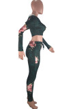 Gray Cyan Casual Print Patchwork Hooded Collar Long Sleeve Two Pieces
