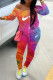 Red Fashion Casual Print Tie-dye O Neck Short Sleeve Two Pieces