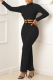 Black Sexy Solid Hollowed Out Half A Turtleneck Long Sleeve Two Pieces