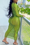 Green Fashion Sexy Solid Hollowed Out See-through O Neck Long Sleeve Dresses