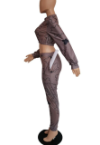 Grey Casual Print Patchwork O Neck Long Sleeve Two Pieces
