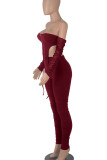 Burgundy Sexy Solid Hollowed Out Patchwork Fold Asymmetrical Zipper Strapless Long Sleeve Two Pieces