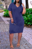 Dark Blue Fashion Casual Solid Basic V Neck Short Sleeve Dress