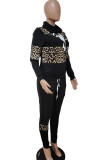 Black Casual Print Leopard Patchwork Turtleneck Long Sleeve Two Pieces
