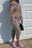 Grey Casual Print Patchwork O Neck Long Sleeve Two Pieces