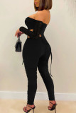 Burgundy Sexy Solid Hollowed Out Patchwork Fold Asymmetrical Zipper Strapless Long Sleeve Two Pieces
