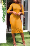 Orange Yellow Elegant Solid Split Joint O Neck One Step Skirt Dresses