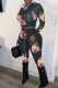 Gray Cyan Casual Print Patchwork Hooded Collar Long Sleeve Two Pieces