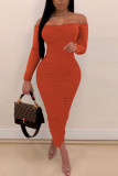Tangerine Red Sexy Solid Patchwork Fold Off the Shoulder One Step Skirt Dresses