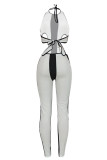 Red Sexy Striped Print Hollowed Out Patchwork Frenulum Backless Halter Skinny Jumpsuits