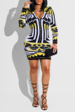 Black Yellow Fashion Casual Print Patchwork Zipper Collar Long Sleeve Dresses