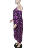 Purple Casual Print Camouflage Print Patchwork Asymmetrical Off the Shoulder Three Quarter Two Pieces