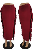 Rose Red Casual Solid Tassel Split Joint Dresses