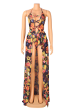 Yellow Sexy Print Hollowed Out Spaghetti Strap Sleeveless Two Pieces