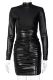 Black Fashion Sexy Solid Fold Turtleneck Long Sleeve Dresses