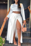 White Elegant Solid Patchwork Slit O Neck Long Sleeve Two Pieces