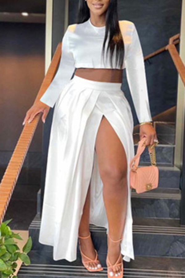 White Elegant Solid Patchwork Slit O Neck Long Sleeve Two Pieces