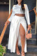 White Elegant Solid Patchwork Slit O Neck Long Sleeve Two Pieces