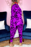 Purple Casual Print Camouflage Print Patchwork Asymmetrical Off the Shoulder Three Quarter Two Pieces