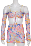 Colour Sexy Print Patchwork Spaghetti Strap Long Sleeve Two Pieces