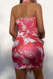 Red Sexy Print Patchwork Halter Pencil Skirt Dresses