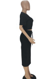 Rose Red Casual Solid Patchwork Slit O Neck Short Sleeve Two Pieces