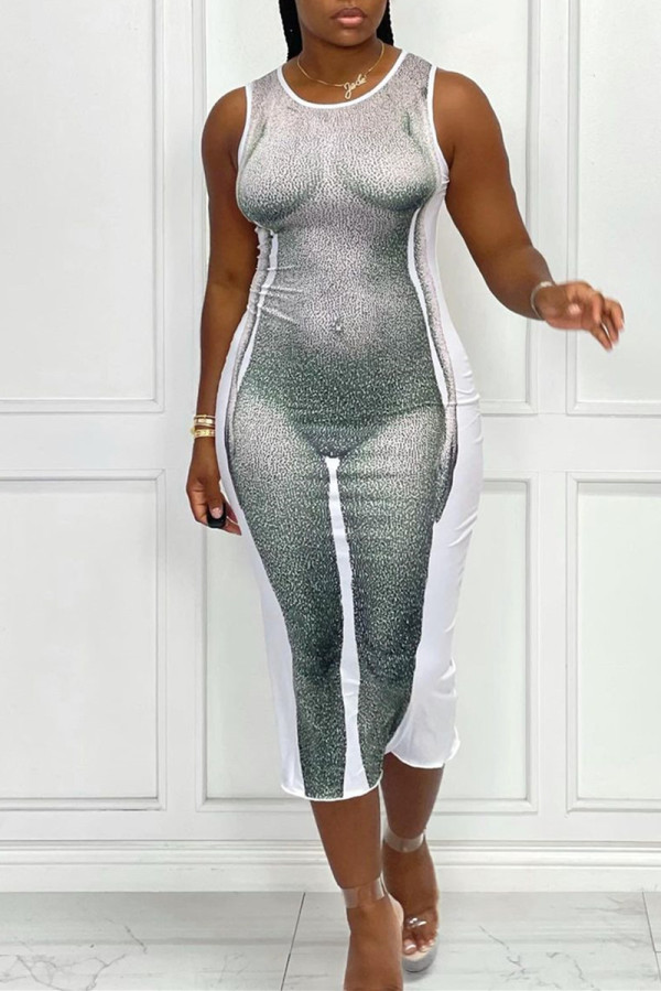 Green Fashion Sexy Print Basic O Neck Vest Dress