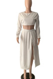 White Elegant Solid Patchwork Slit O Neck Long Sleeve Two Pieces