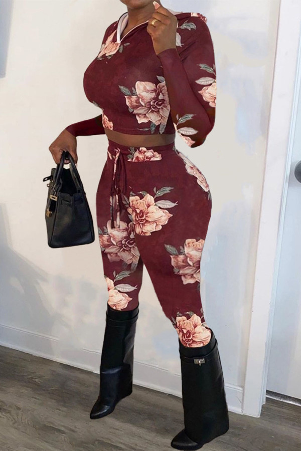 Burgundy Casual Print Patchwork Hooded Collar Long Sleeve Two Pieces