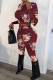 Burgundy Casual Print Patchwork Hooded Collar Long Sleeve Two Pieces