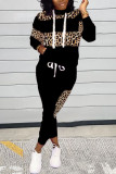 Black Casual Print Leopard Patchwork Turtleneck Long Sleeve Two Pieces