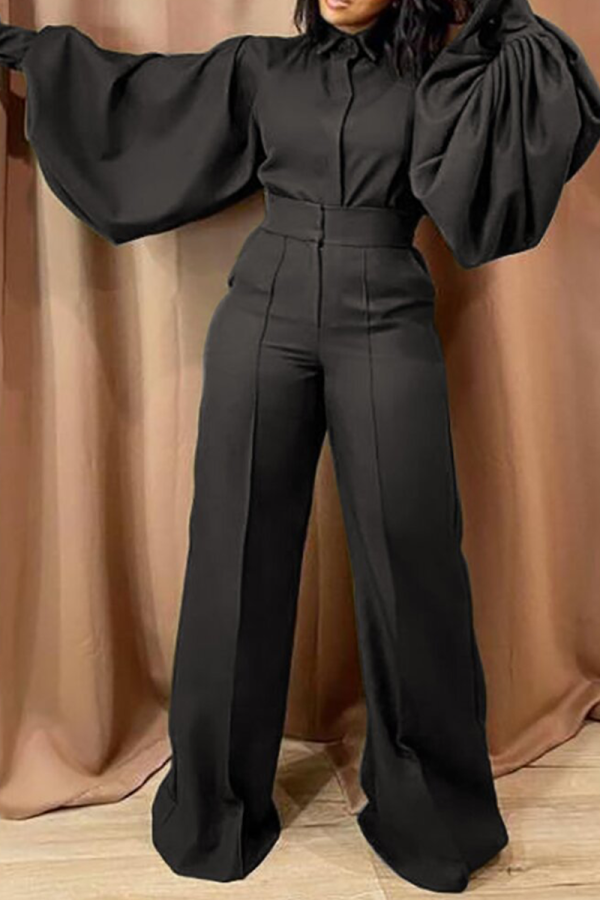 Black Casual Solid Patchwork Turndown Collar Straight Jumpsuits