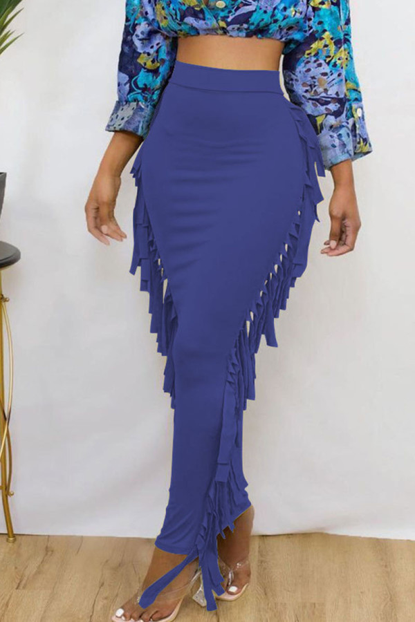 Blue Casual Solid Tassel Patchwork Dresses