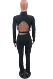 Grey Sexy Solid Hollowed Out Half A Turtleneck Long Sleeve Two Pieces