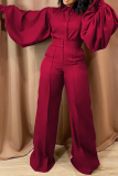 Red Casual Solid Patchwork Turndown Collar Straight Jumpsuits
