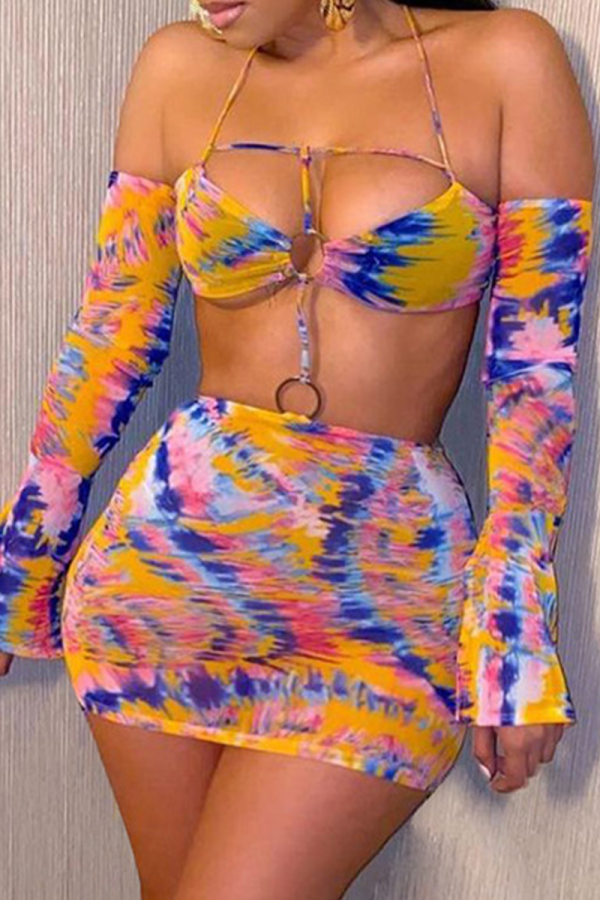 Colour Sexy Print Patchwork Spaghetti Strap Long Sleeve Two Pieces