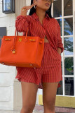 Red Casual Striped Print Patchwork Buckle Turndown Collar Long Sleeve Two Pieces