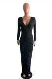 Black Fashion Sexy Solid Fold V Neck Long Sleeve Dresses
