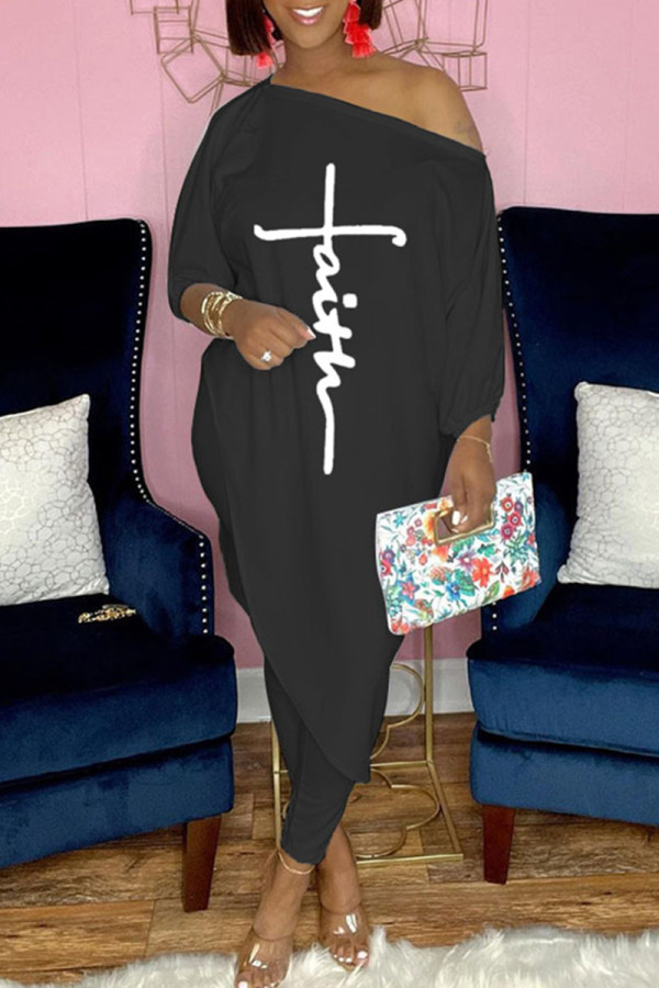 Black Fashion Casual Print Asymmetrical Oblique Collar Three Quarter Two Pieces