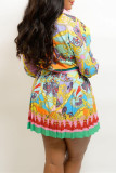 Multicolor Fashion Casual Print Basic Turndown Collar Long Sleeve Two Pieces