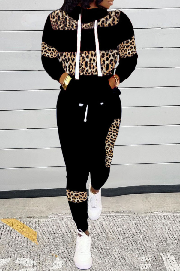 Black Casual Print Leopard Patchwork Turtleneck Long Sleeve Two Pieces