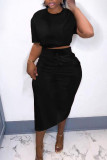 Rose Red Casual Solid Patchwork Slit O Neck Short Sleeve Two Pieces