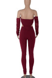 Burgundy Sexy Solid Hollowed Out Patchwork Fold Asymmetrical Zipper Strapless Long Sleeve Two Pieces