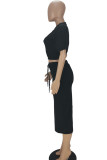 Rose Red Casual Solid Patchwork Slit O Neck Short Sleeve Two Pieces