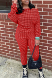 Rose Red Casual Plaid Split Joint Off the Shoulder Long Sleeve Two Pieces