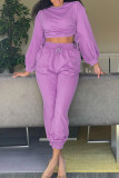 Purple Fashion Casual Solid Bandage O Neck Long Sleeve Two Pieces