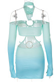 Colour Sexy Gradual Change Print Hollowed Out Patchwork Halter Pencil Skirt Dresses
