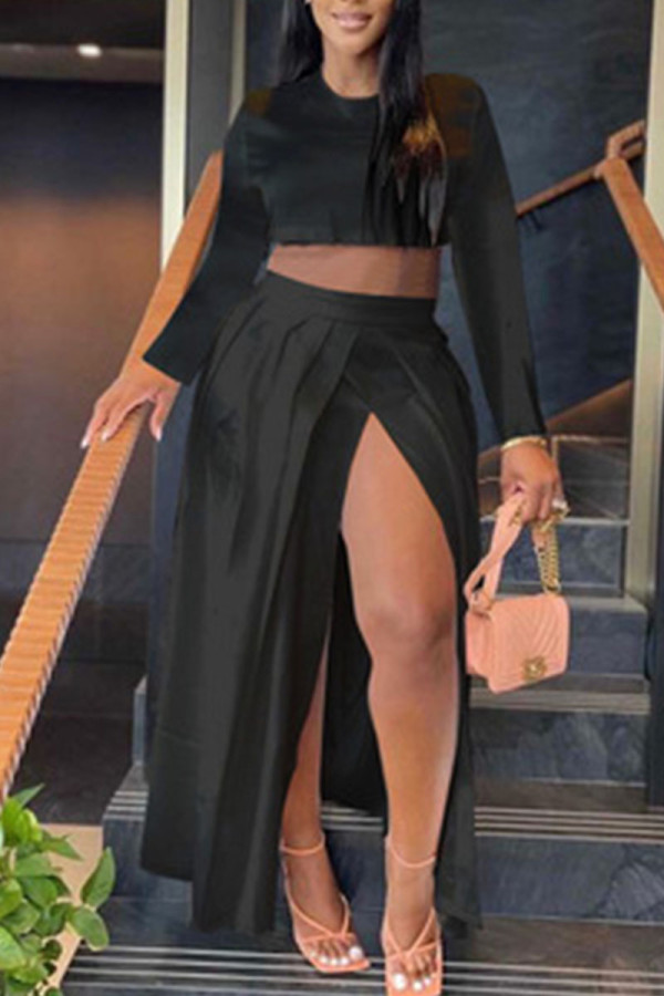 Black Elegant Solid Patchwork Slit O Neck Long Sleeve Two Pieces
