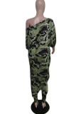 Purple Casual Print Camouflage Print Patchwork Asymmetrical Off the Shoulder Three Quarter Two Pieces