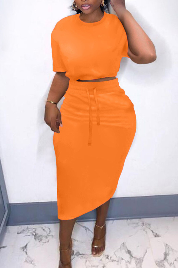 Tangerine Casual Solid Patchwork Slit O Neck Short Sleeve Two Pieces